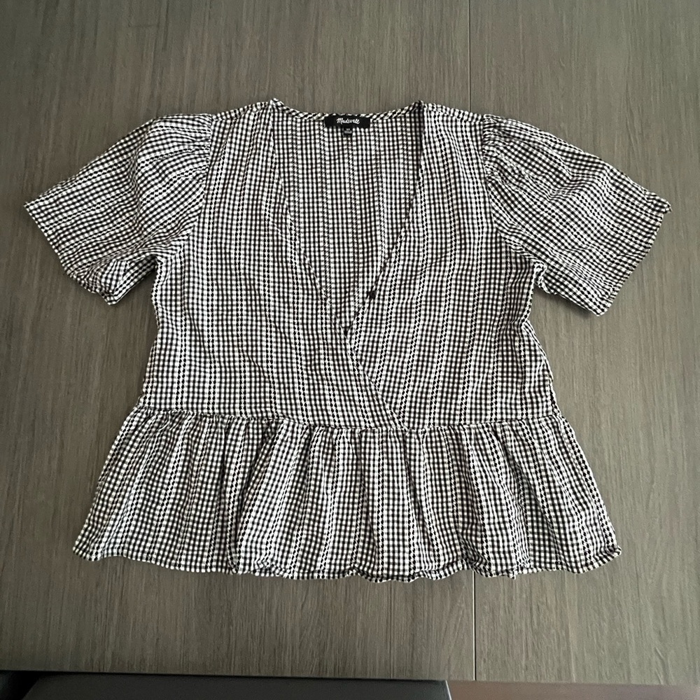 Crossover Peplum Top in Textured Gingham Check